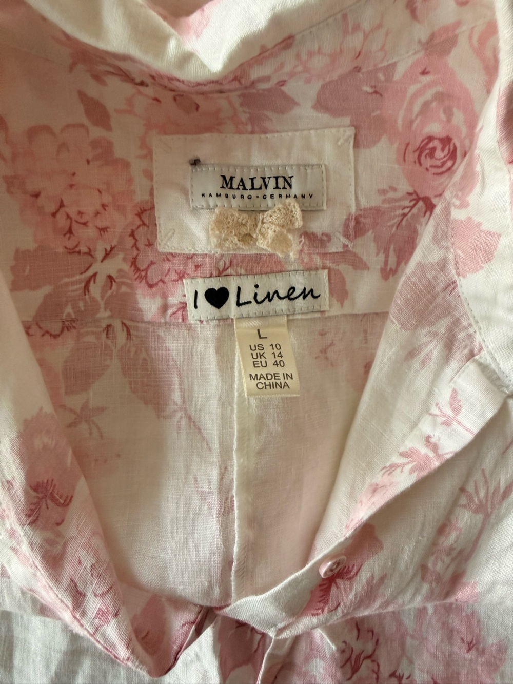 Malvin 100% Linen Pink Floral Shirt Dress Cottagecore European Fashion Size L - Picture 4 of 6
